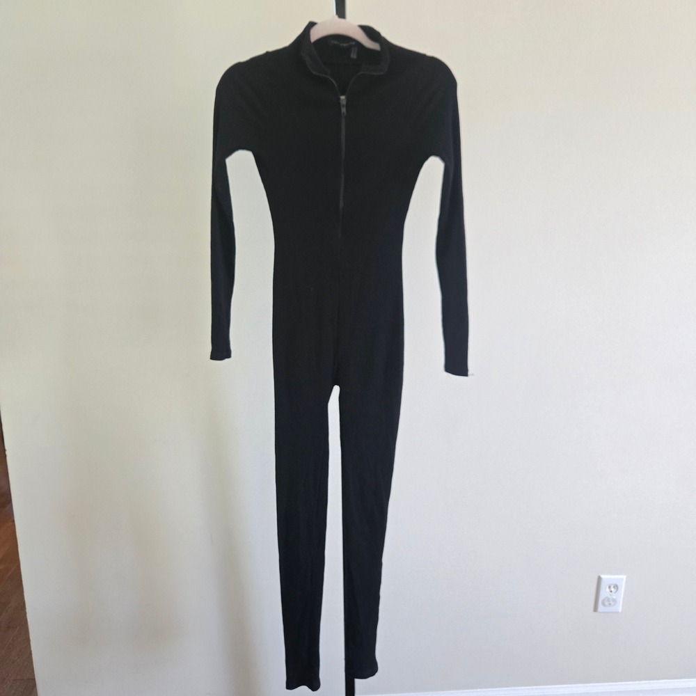 Naked Wardrobe Black Ribbed Quarter Zip Long Sleeve Jumpsuit Catsuit Size M